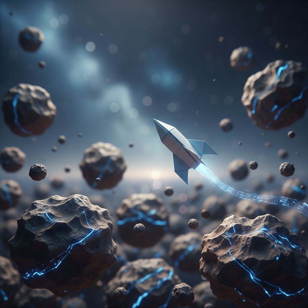 Illustration d'une petite fusée en papier agile et rapide naviguant avec succès à travers un champ d'astéroïdes, symbolisant une startup SaaS naviguant un marché complexe avec une stratégie lean.