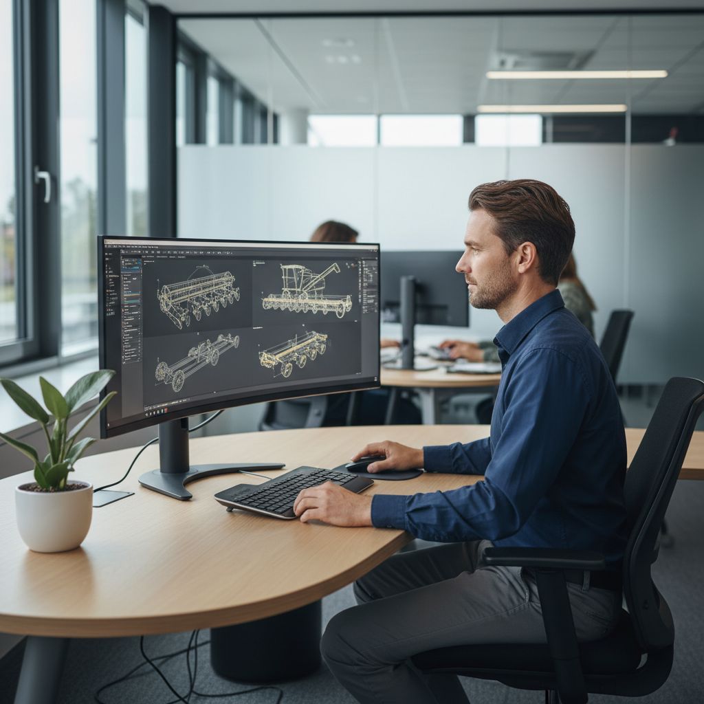 Un ingénieur de MM Environnement dessinant des plans pour une machine agricole sur mesure sur un ordinateur, illustrant l