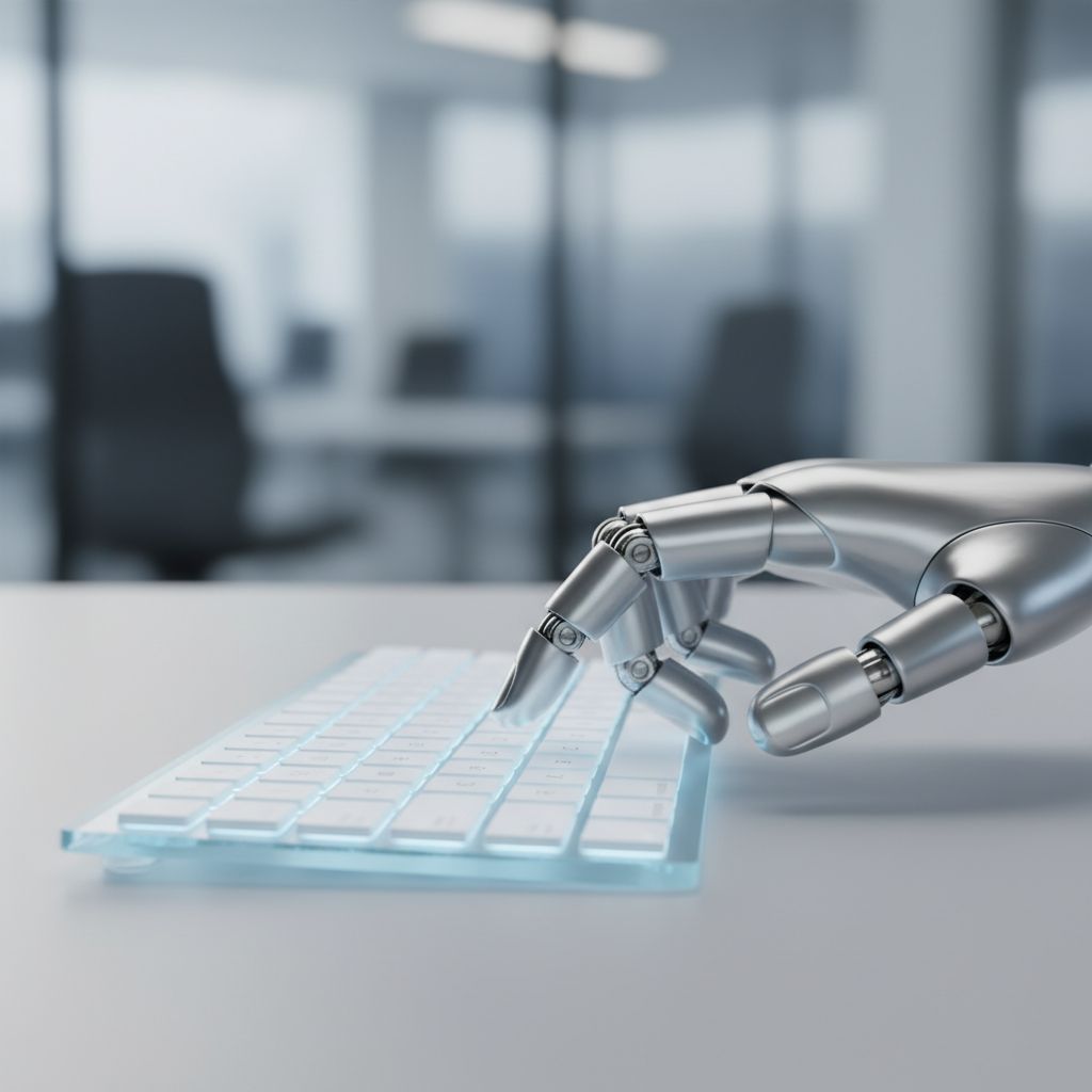 Futuristic, abstract image of a robot hand on a glowing keyboard, to represent AI-powered content creation.