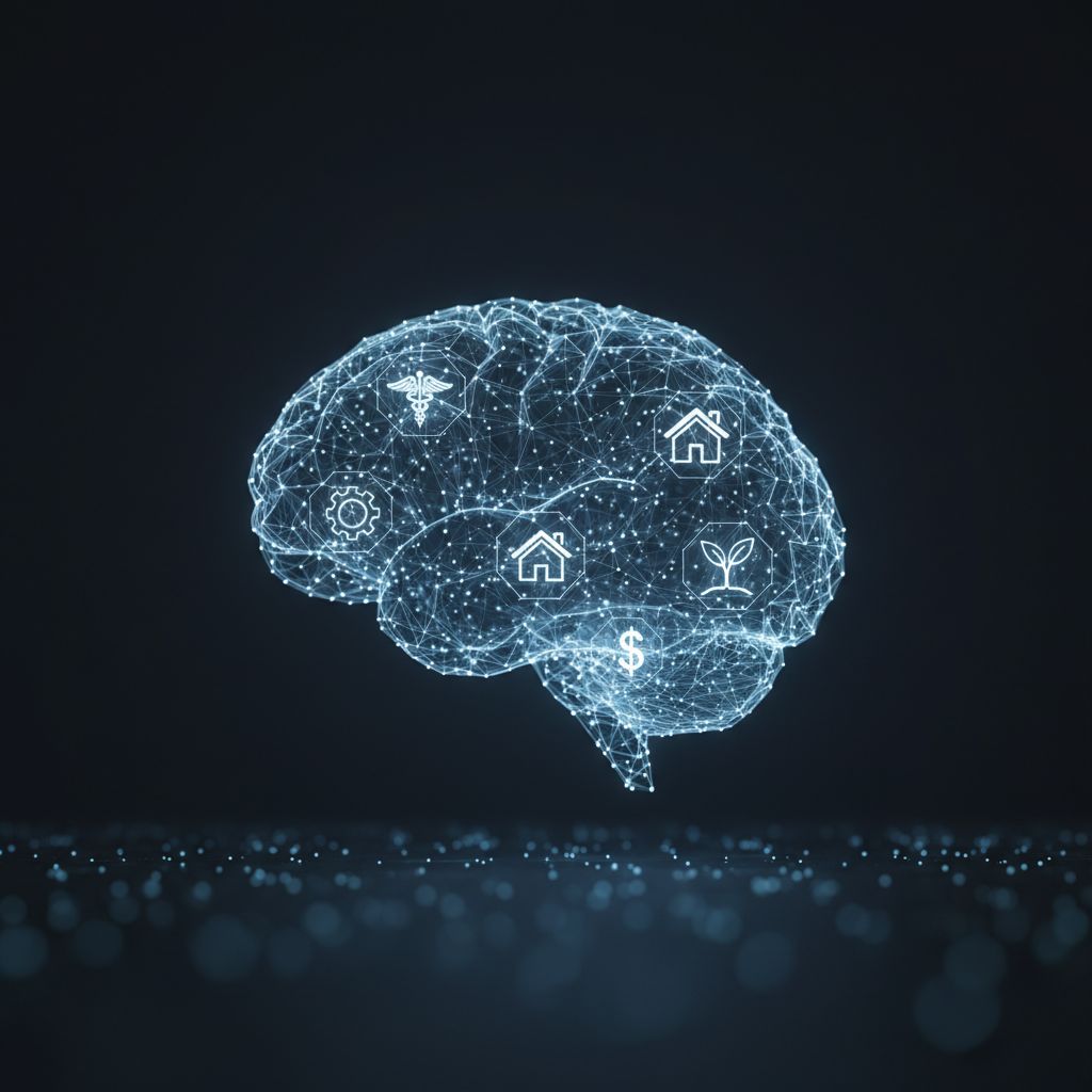 A digital brain with interconnected nodes, representing the different industries AI can cater to, such as health, e-commerce, and real estate.