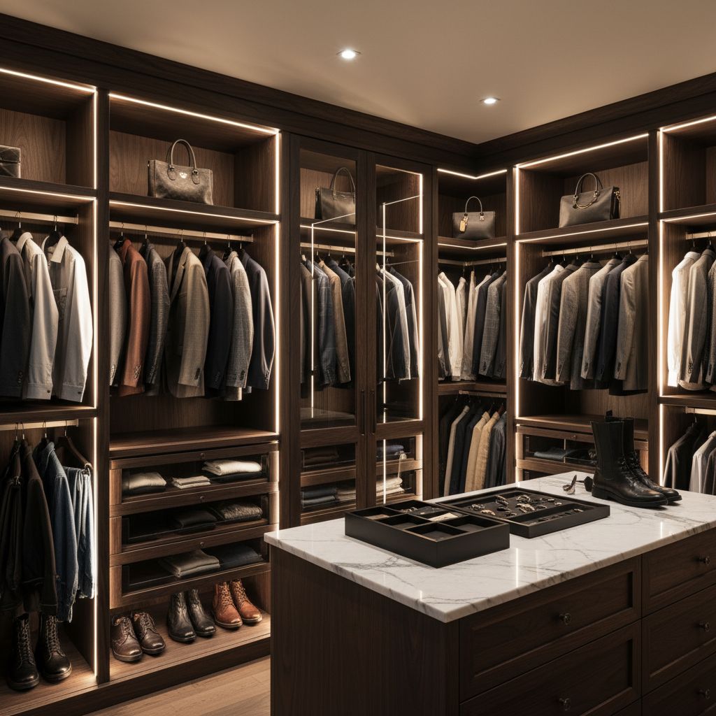 Un dressing de luxe sur mesure, fabriqué en bois sombre, avec un éclairage LED intégré mettant en valeur des vêtements, sacs et chaussures parfaitement organisés.