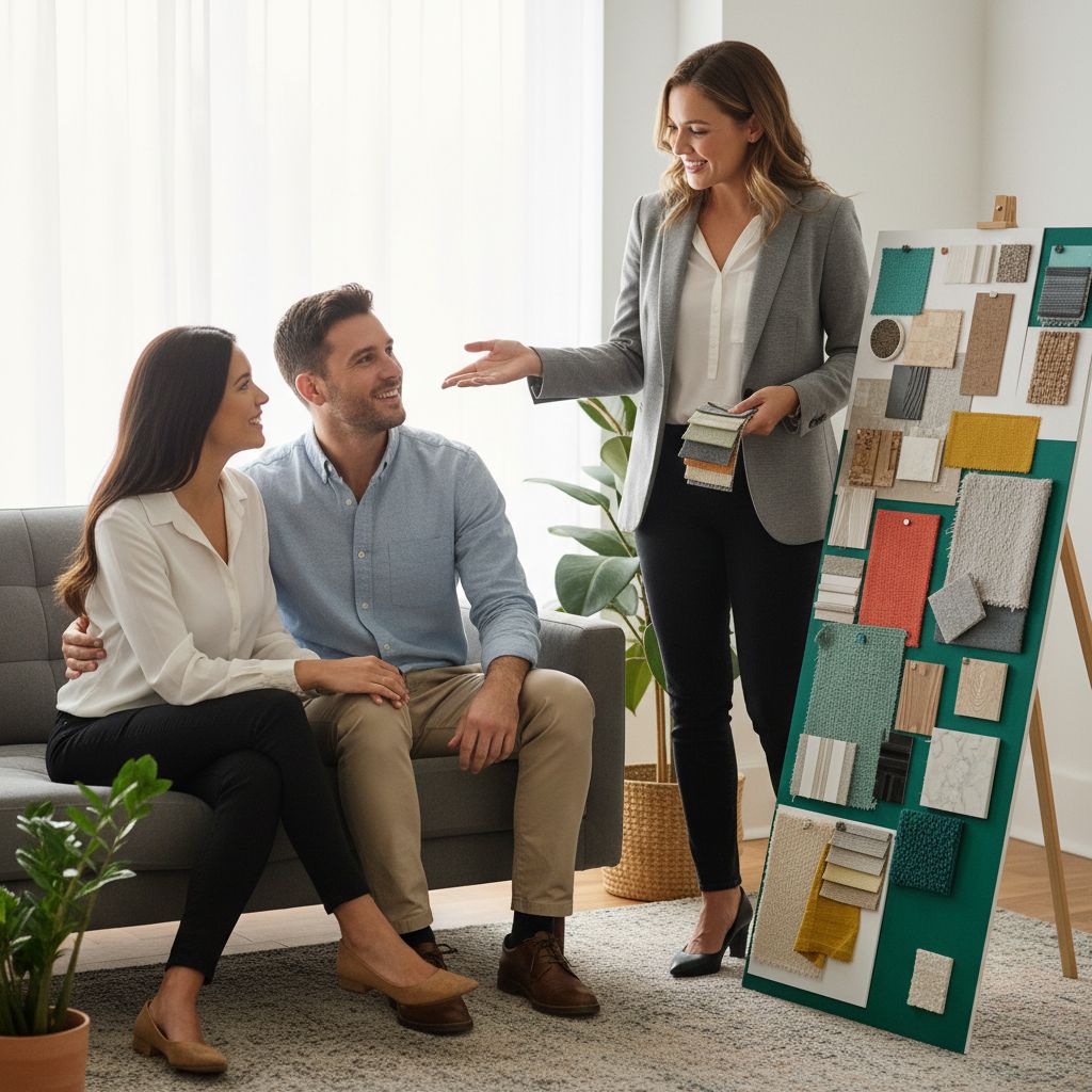 Une décoratrice d'intérieur tout sourire qui présente une planche de tendances pleine de couleurs et de matières à un couple, dans une ambiance chaleureuse et complice.