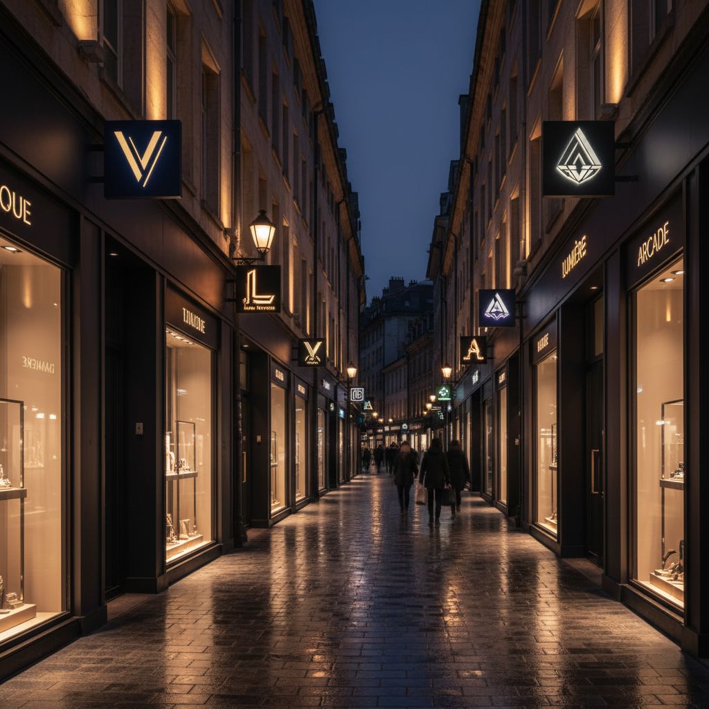 Une élégante rue commerçante de nuit, illuminée par les lueurs de plusieurs enseignes personnalisées qui mettent en valeur des boutiques de luxe et des restaurants.