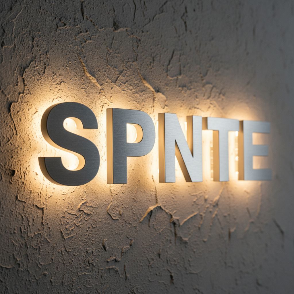 Gros plan sur un lettrage en relief avec rétroéclairage LED, montrant la texture du métal et la douce lueur projetée sur le mur.