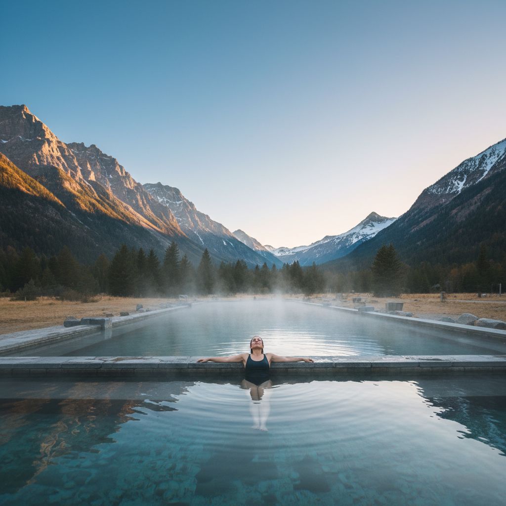Une vue sereine d'une personne se relaxant dans une piscine thermale avec des montagnes en arrière-plan, évoquant l'atmosphère du Bain de Saillon.