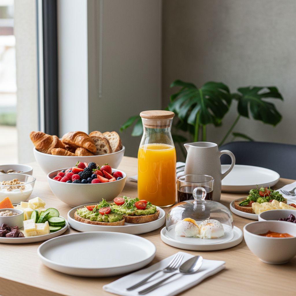 Une table de brunch bien garnie, avec les traditionnels jus d'orange et cafés, qui représentent souvent les seules options disponibles.