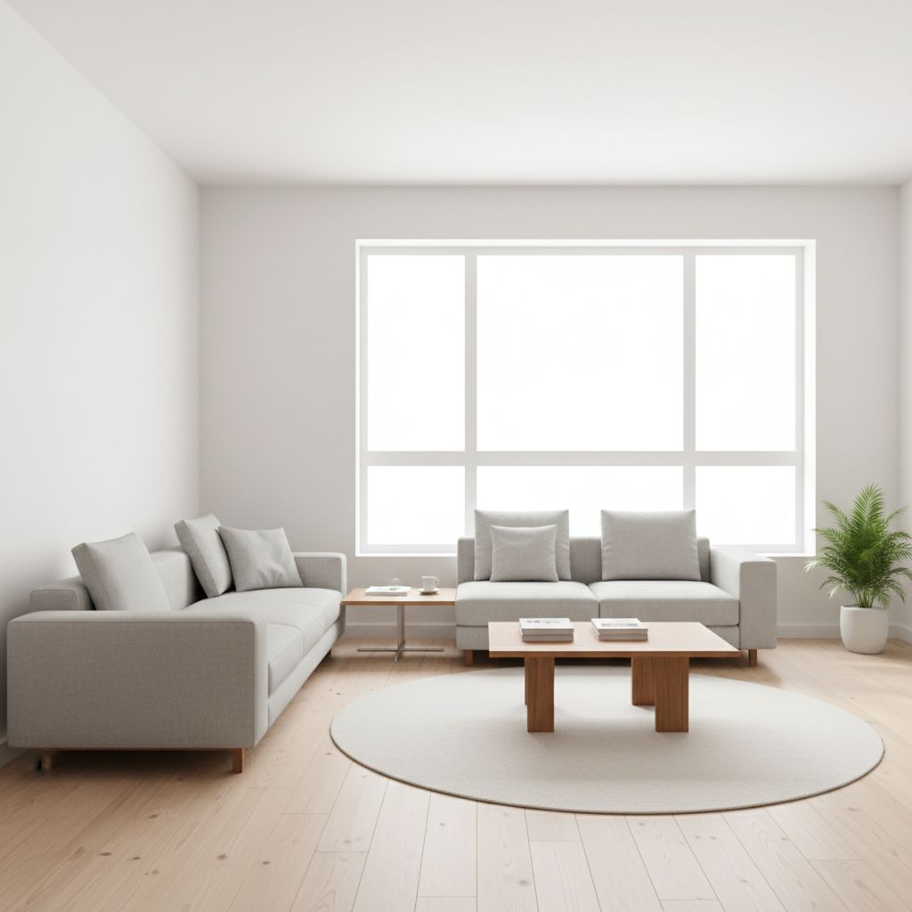 Un intérieur de salon moderne et lumineux après une rénovation complète, avec des murs blancs impeccables, un parquet clair et un mobilier design. La lumière du jour inonde la pièce.