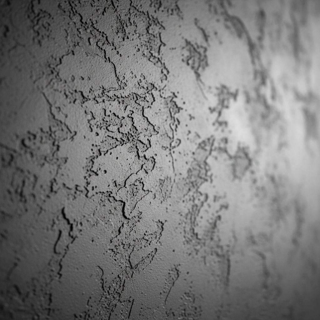 Gros plan sur une finition murale en béton minéral texturé, montrant la qualité et le détail du travail artisanal avec un éclairage subtil.