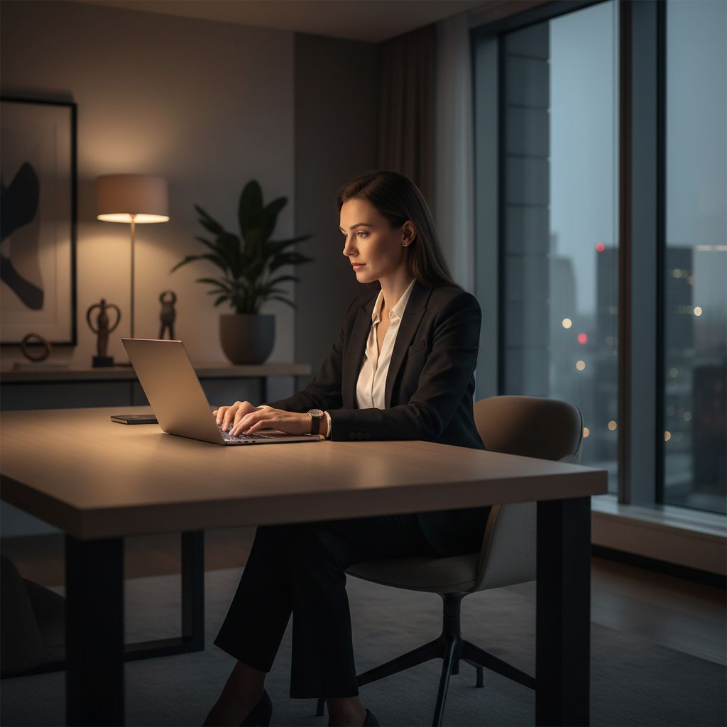Un professionnel élégant travaillant tard dans un bureau moderne et minimaliste, concentré sur son ordinateur portable, avec la lueur de l'écran éclairant son visage.