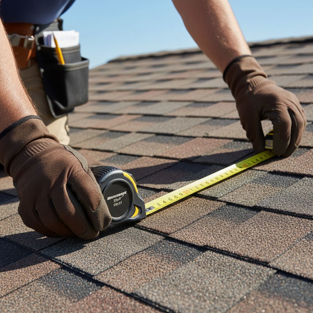 Un couvreur professionnel en train de mesurer une section de toiture avec un mètre ruban, symbolisant la précision requise pour un devis exact.