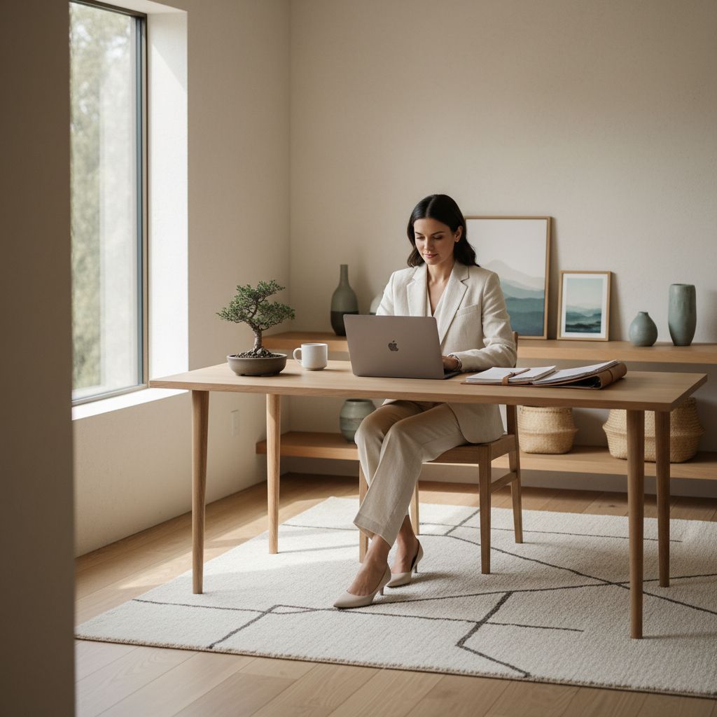 Un gestionnaire immobilier professionnel travaillant sur un ordinateur portable dans un intérieur de style Japandi, symbolisant l