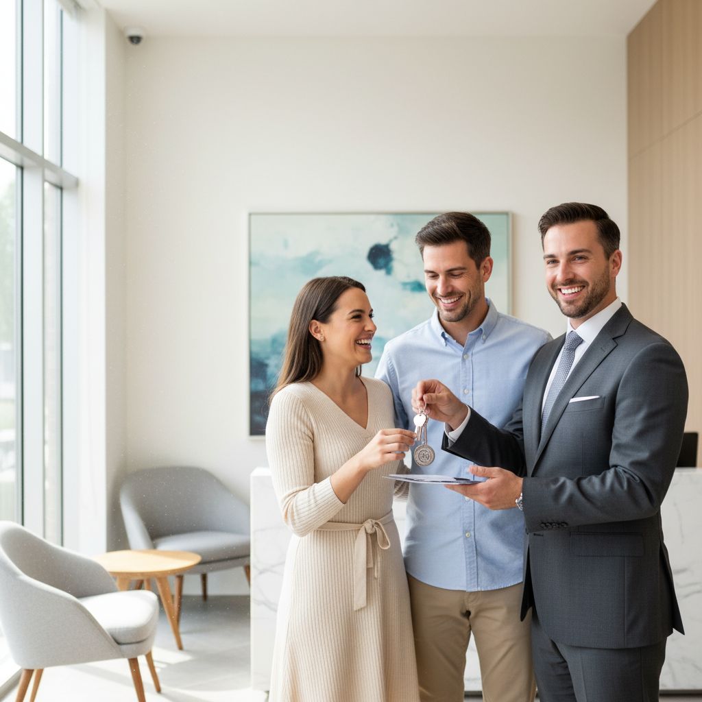 Un concierge souriant remet des clés à un couple de voyageurs heureux dans le hall d