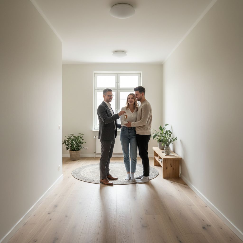 Un gestionnaire immobilier souriant et professionnel remettant des clés à un couple de voyageurs heureux dans un couloir d