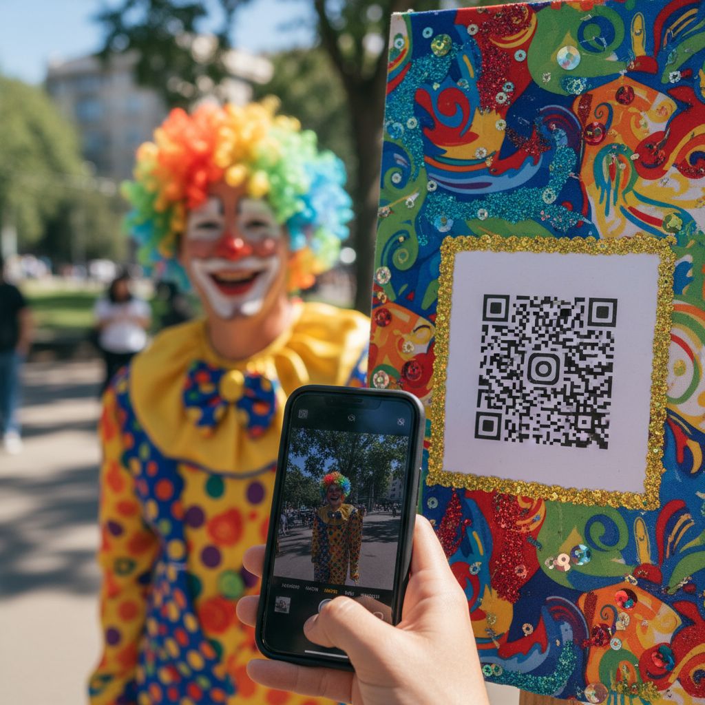 A close-up image of an audience member's smartphone scanning a QR code on a colorful, decorated sign held by a street performer dressed as a clown.