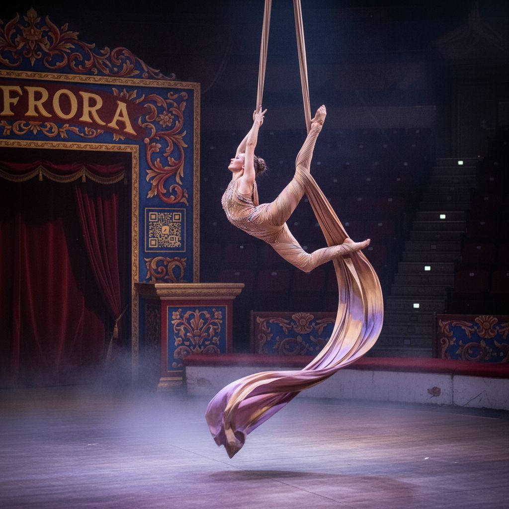A vibrant, dynamic shot of a female circus acrobat mid-performance on aerial silks, with a subtle QR code visible on a decorated sign in the background of the stage.