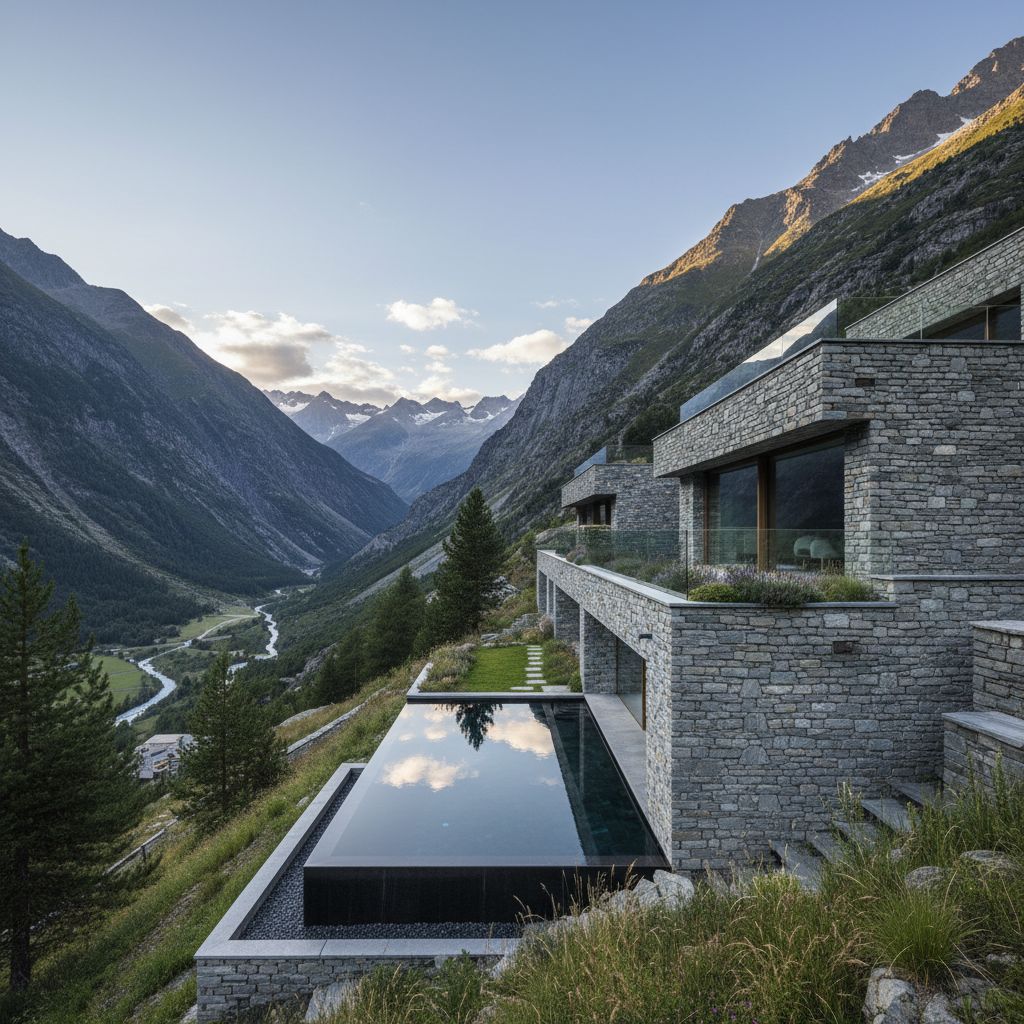 Une magnifique villa moderne nichée dans les Alpes suisses, dont la façade est entièrement revêtue de pierre naturelle grise, se fondant harmonieusement dans le paysage montagneux.