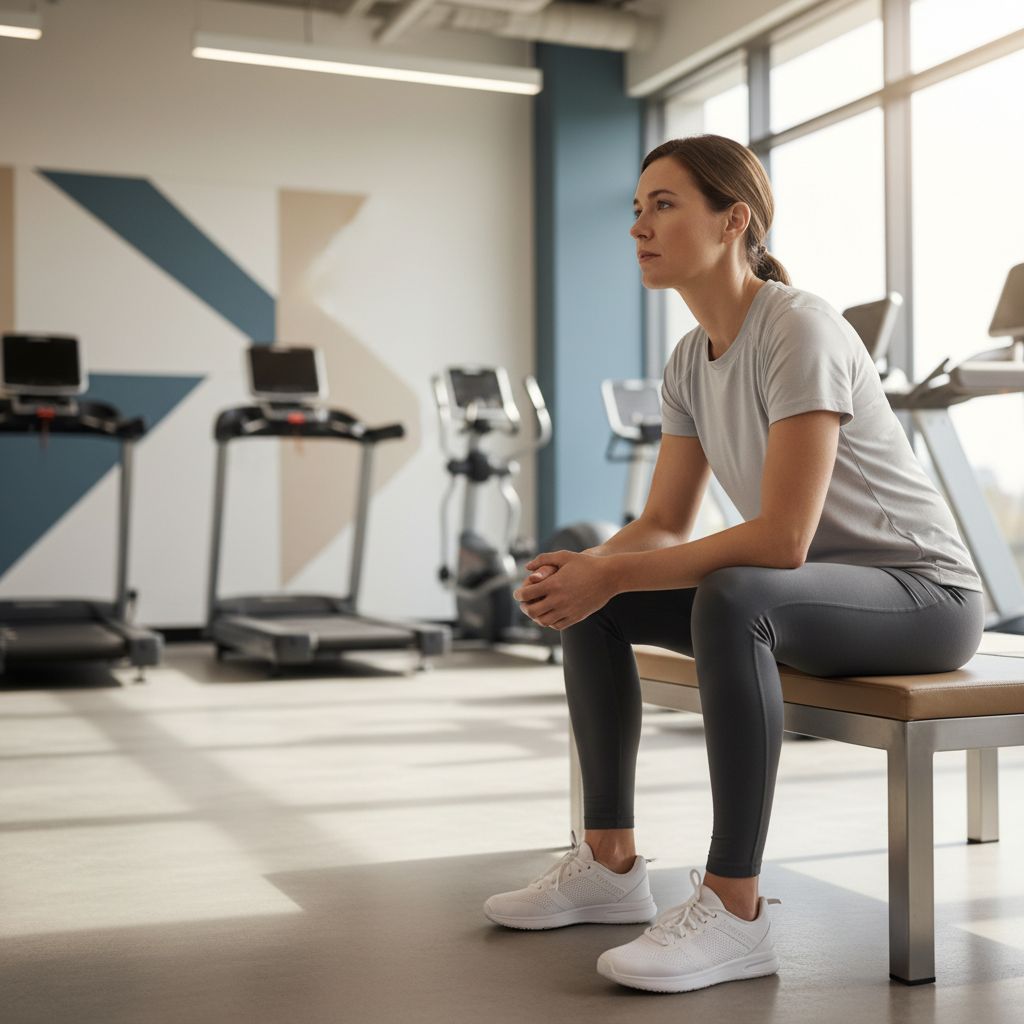 Une personne en tenue de sport, assise sur un banc dans une salle de fitness moderne, regarde pensivement au loin, symbolisant la réflexion avant de choisir un coach.