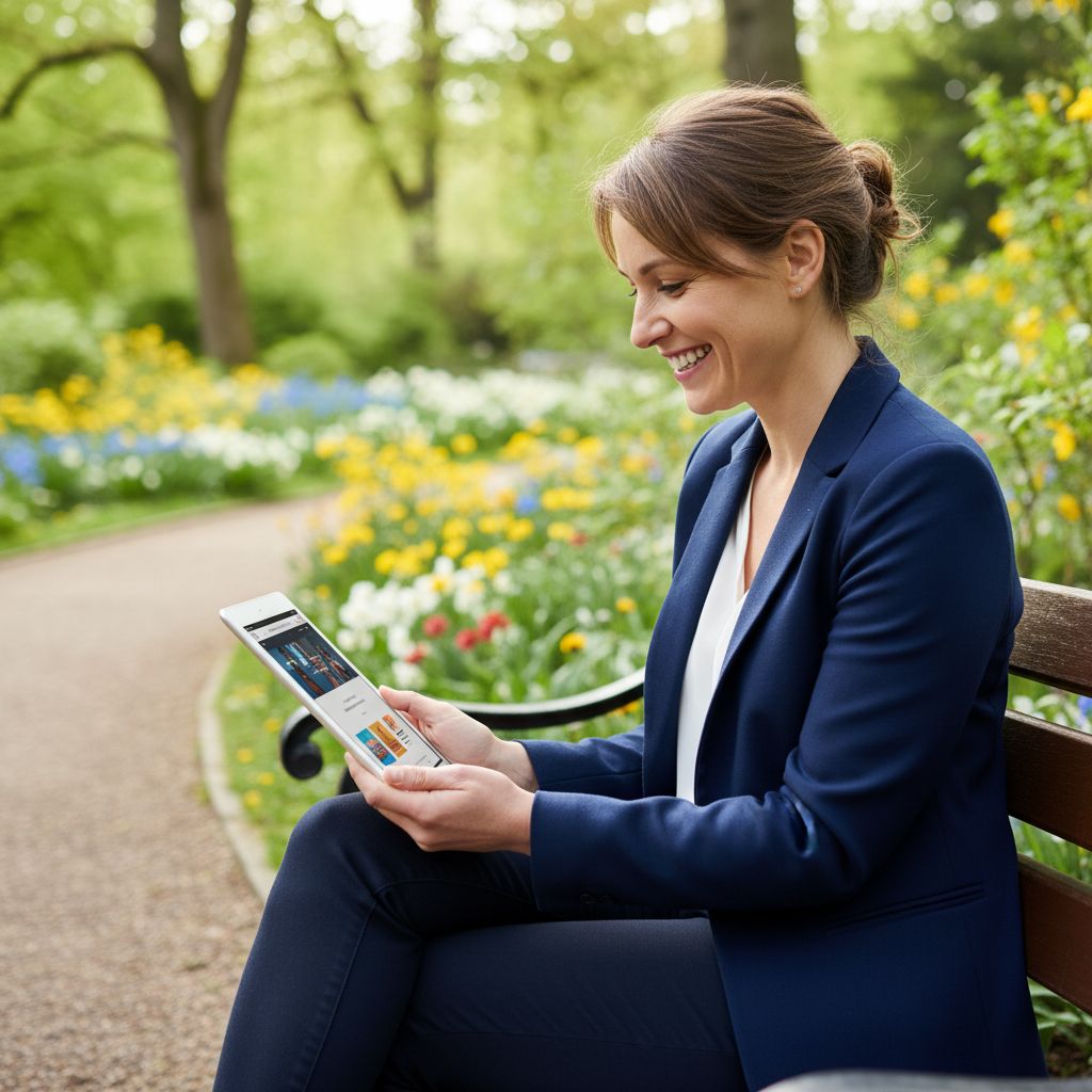 Someone sitting in a park, smiling as they admire their newly finished website on a tablet.