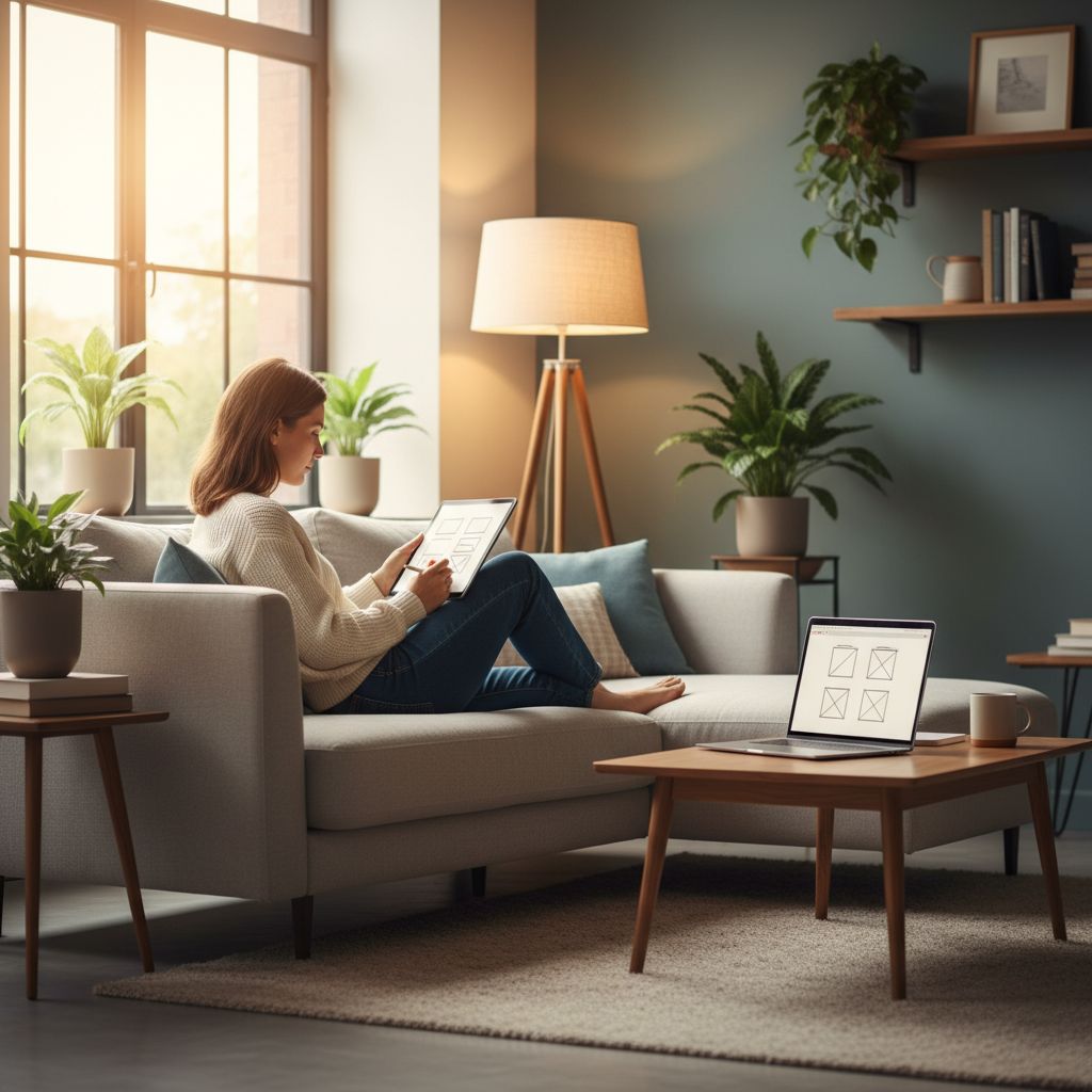 A freelancer kicking back with a laptop in a bright, modern home office, sketching out a website layout on a nearby tablet.