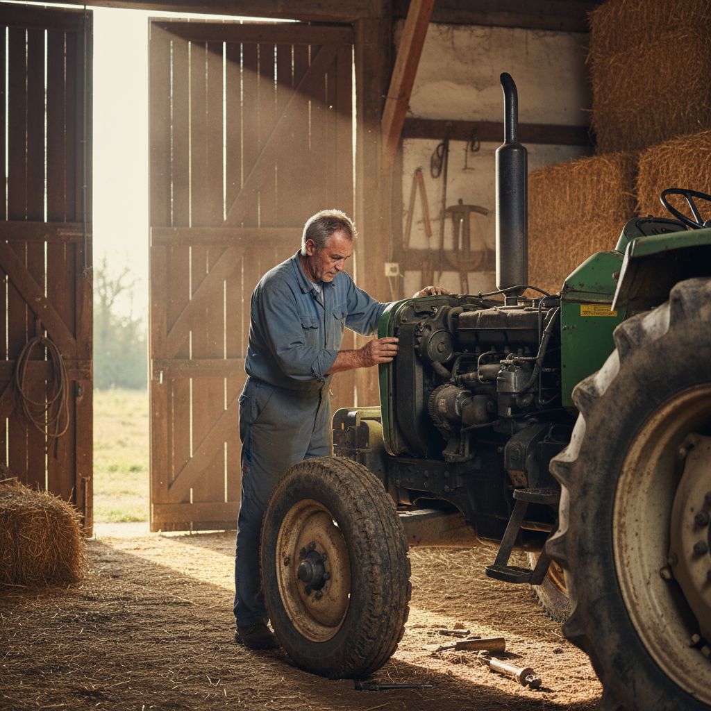 Un agriculteur expérimenté inspectant minutieusement le moteur d