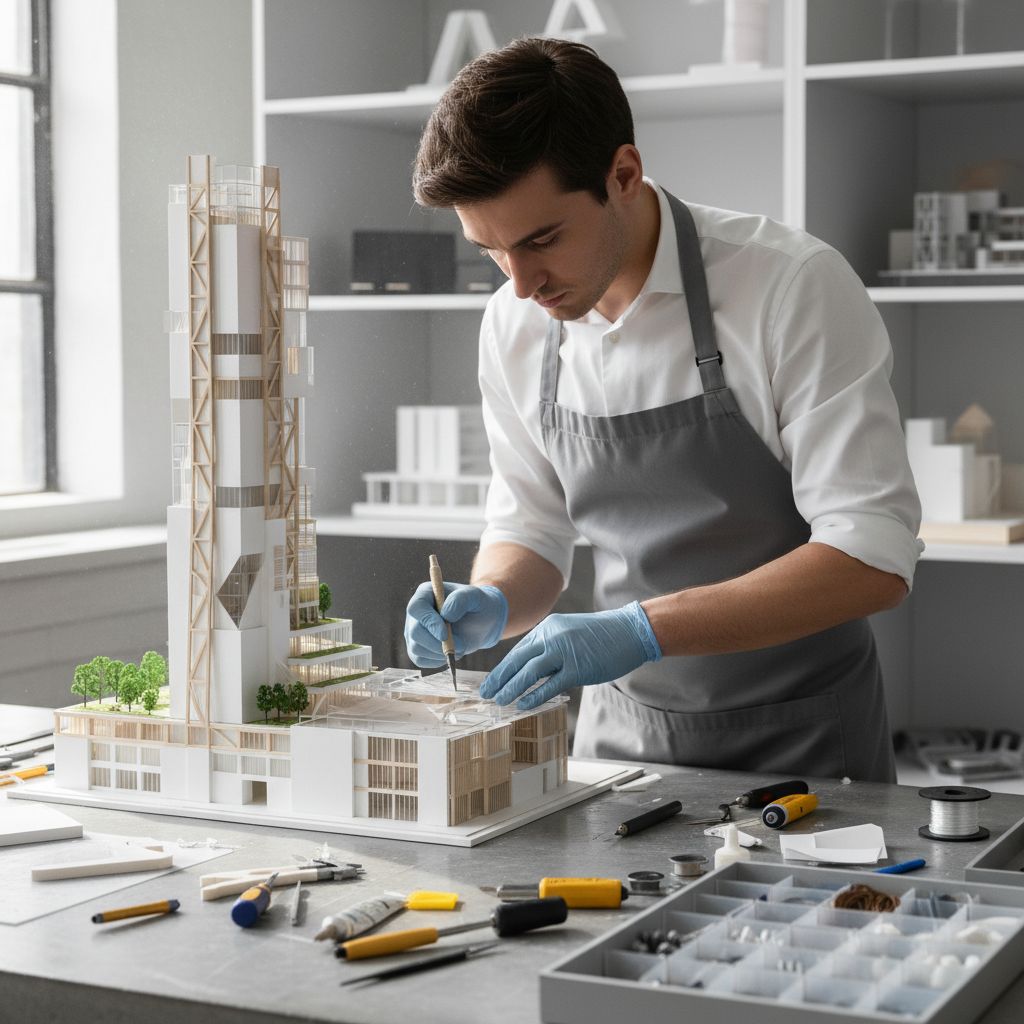 Un artisan maquettiste travaillant avec minutie sur une maquette de bâtiment, entouré d