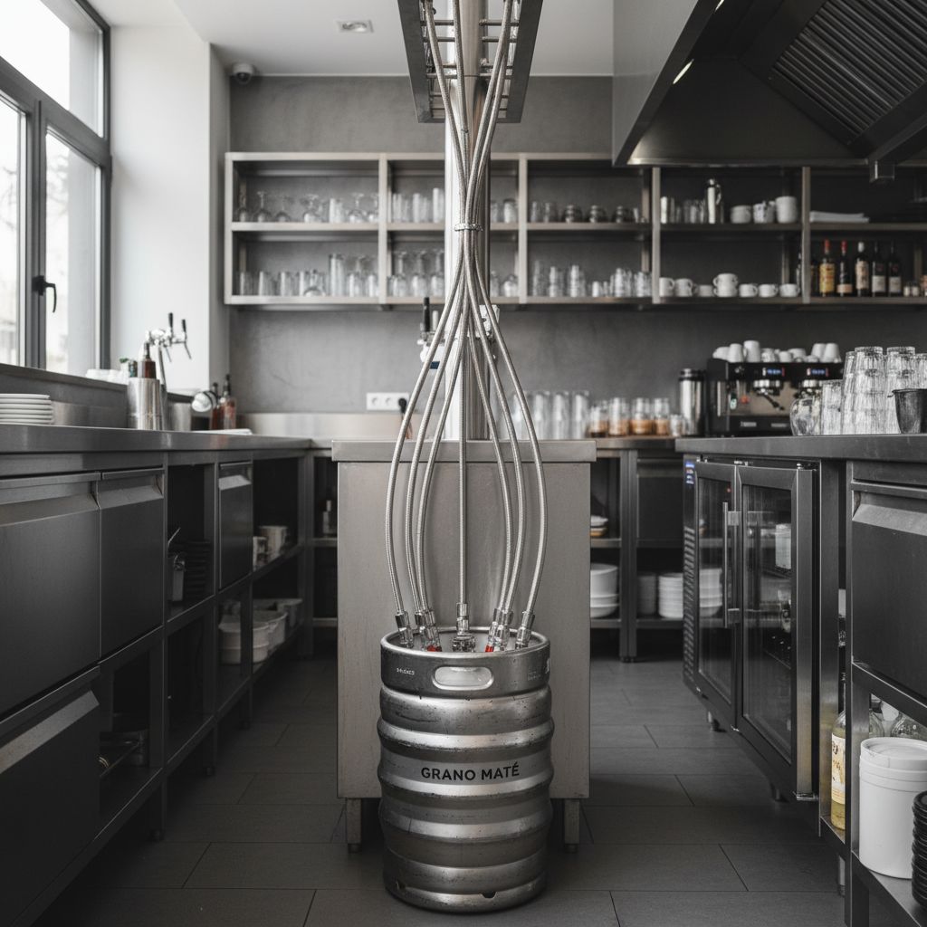 Vue en coulisses d'une cuisine de restaurant ou d'un bar propre et organisé, où un fût de Grano Maté en inox est soigneusement connecté à une ligne de tireuse.