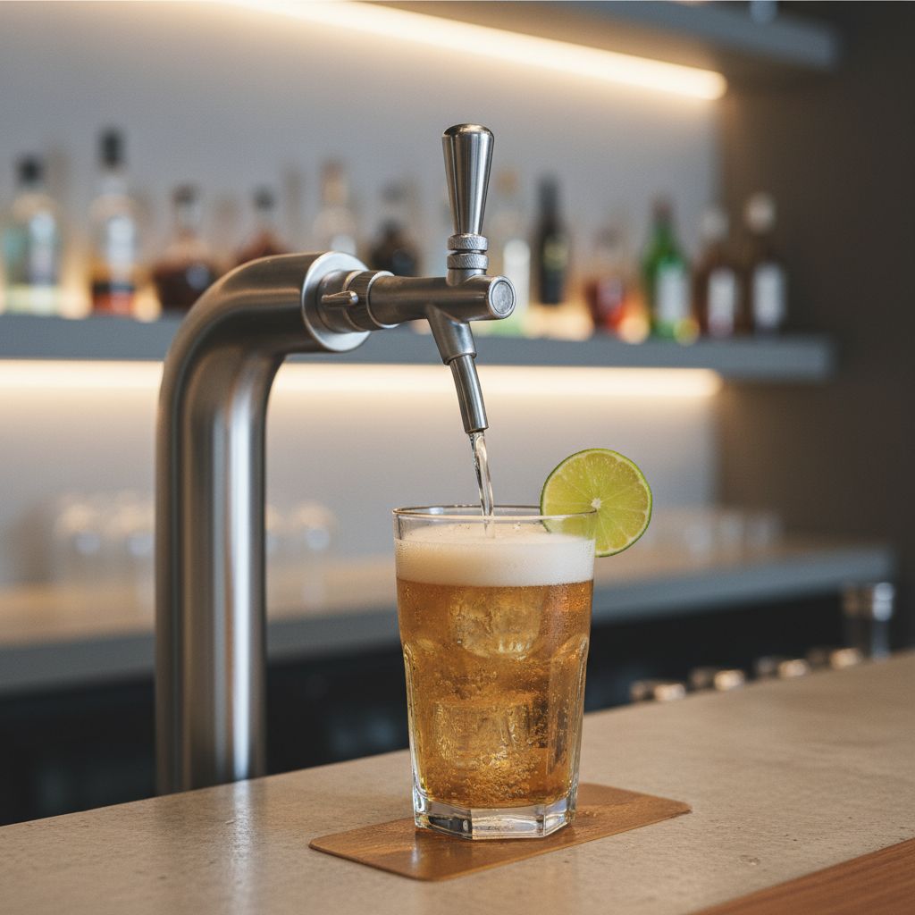 Une tireuse design dans un bar moderne servant un verre de Grano Maté pétillant et glacé, avec une garniture de citron vert.