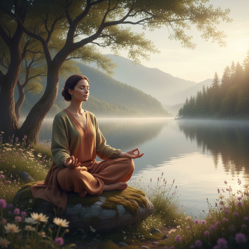 Une femme assise en méditation dans un cadre naturel et apaisant, symbolisant la connexion entre le corps et l'esprit.