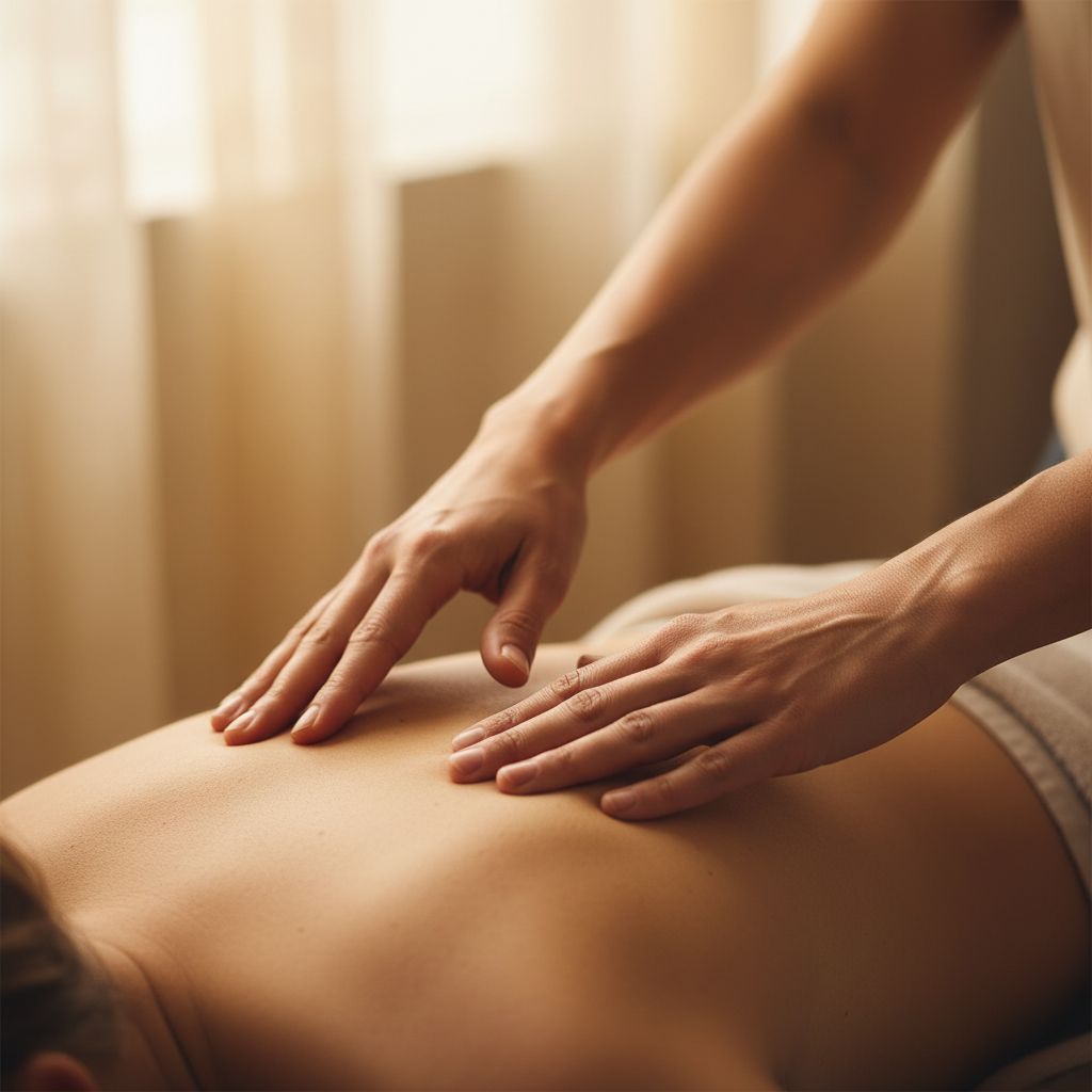 Des mains de praticien effectuant un toucher doux sur le dos d'un patient, illustrant une approche thérapeutique corporelle comme l'ostéopathie.