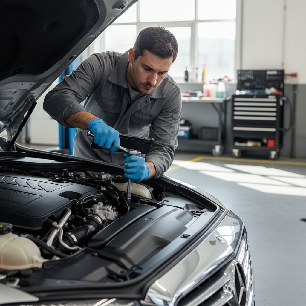 Un mécanicien qui fait une vérification moteur dans un garage bien entretenu, l