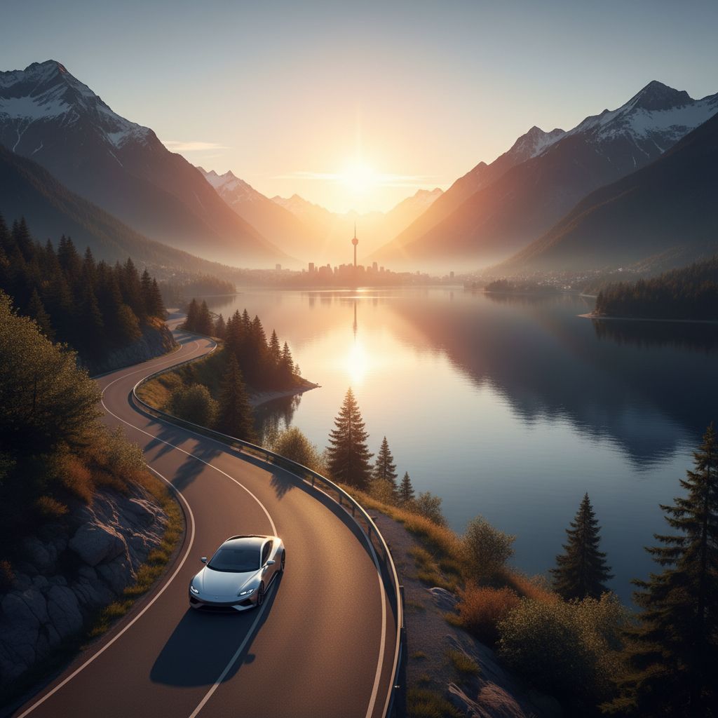 Une voiture de sport moderne conduisant sur une route sinueuse au bord d