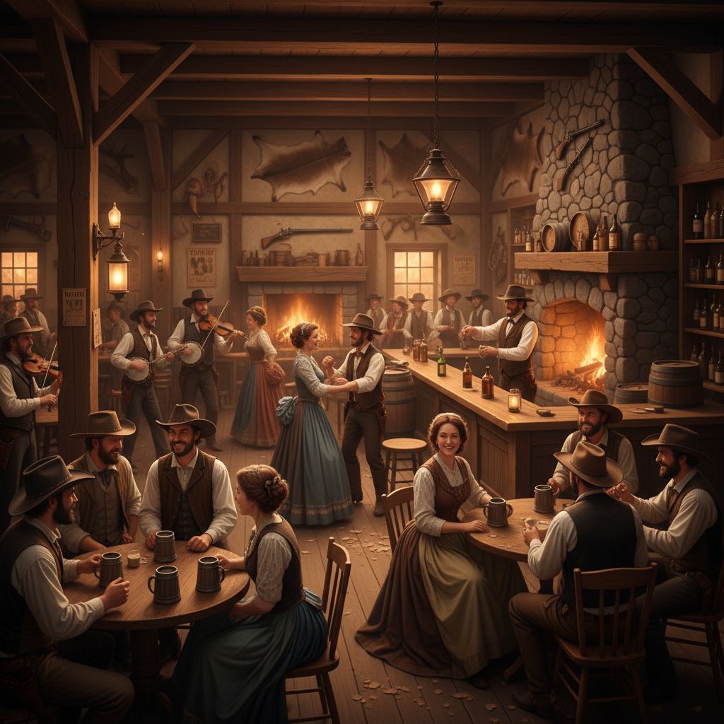Intérieur chaleureux et animé du Bonanza Pub, avec décoration style Far West, des clients souriants et une ambiance conviviale.
