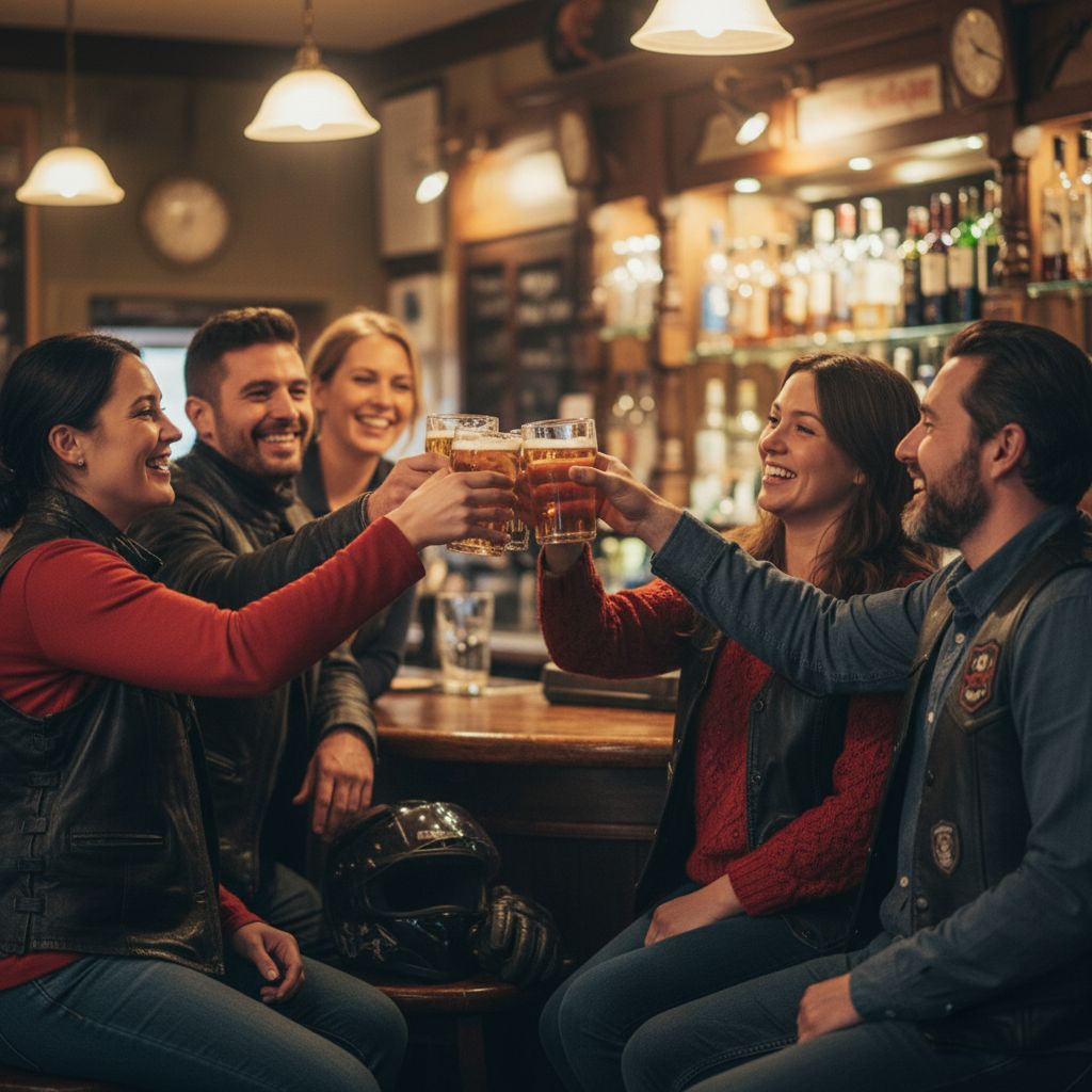 Groupe d'amis, dont des motards, trinquant joyeusement au Bonanza Pub, incarnant l'esprit de convivialité du lieu.