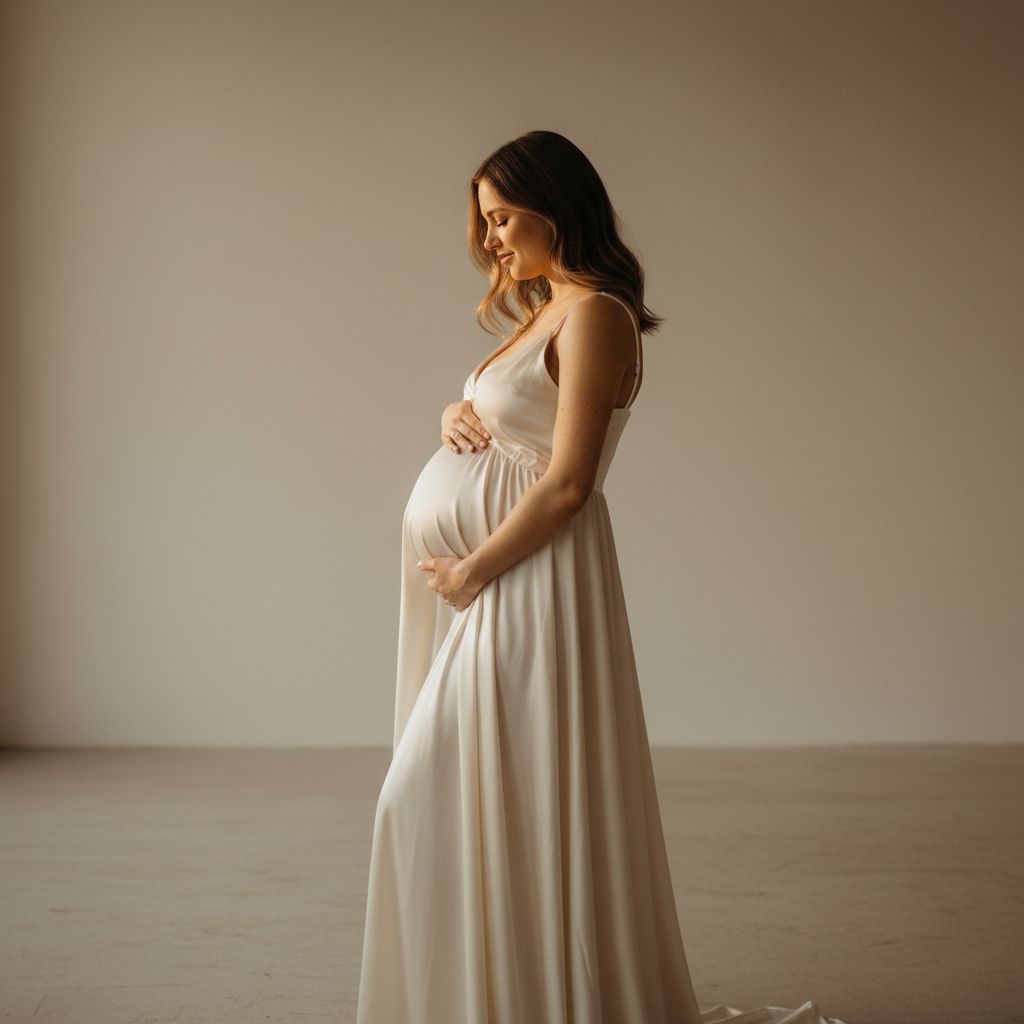 Une femme enceinte épanouie, dans son troisième trimestre, se tenant de profil dans une lumière douce pour montrer son ventre arrondi.
