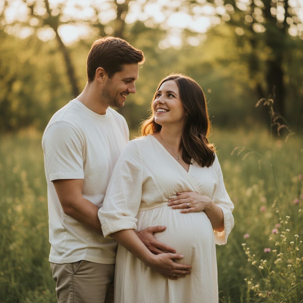 Un couple souriant pendant une séance photo de maternité en extérieur, l'homme posant tendrement sa main sur le ventre de sa partenaire.