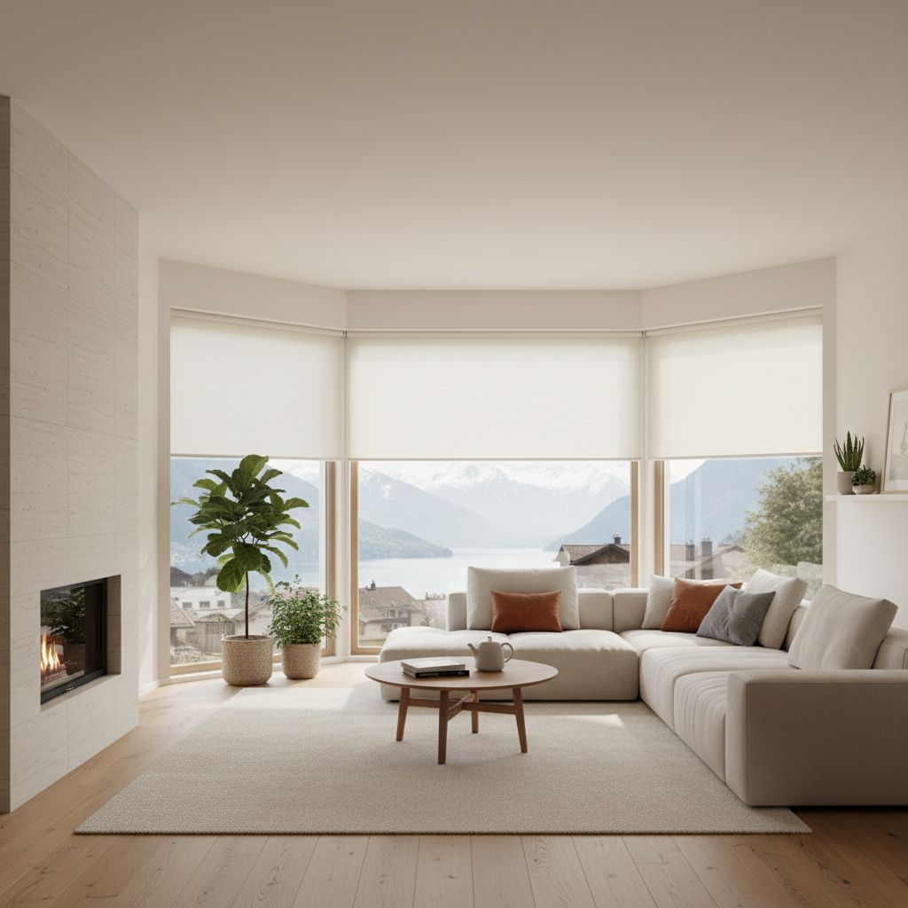Un salon moderne et lumineux en Suisse, équipé de stores jour nuit sur mesure sur de grandes baies vitrées. Imaginez la lumière du jour qui se faufile doucement à travers les bandes à moitié ouvertes... Ça crée tout de suite une ambiance cosy et chaleureuse.