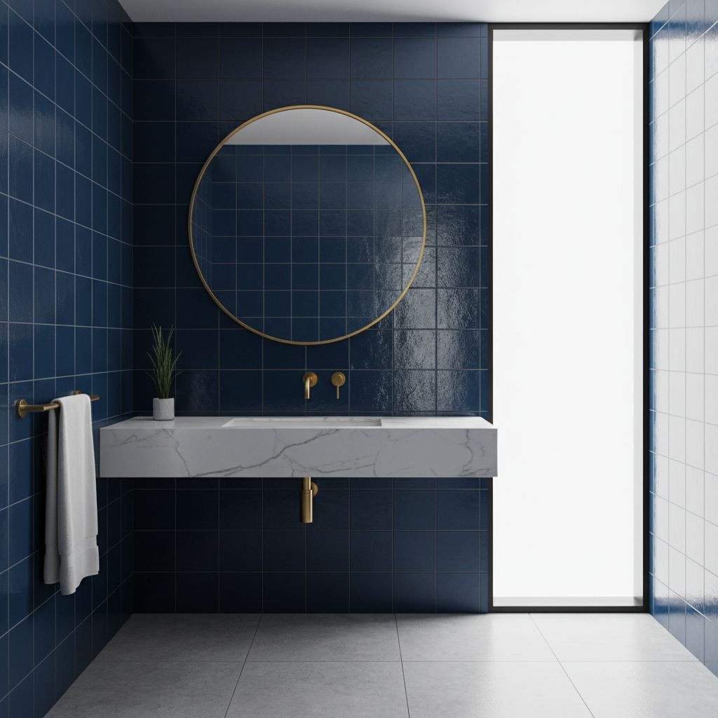 Salle de bain luxueuse et contemporaine avec des carreaux de carrelage bleu marine profonds sur les murs. Les luminaires et la robinetterie en laiton doré contrastent élégamment avec le bleu, et un grand miroir circulaire ajoute une touche de douceur.