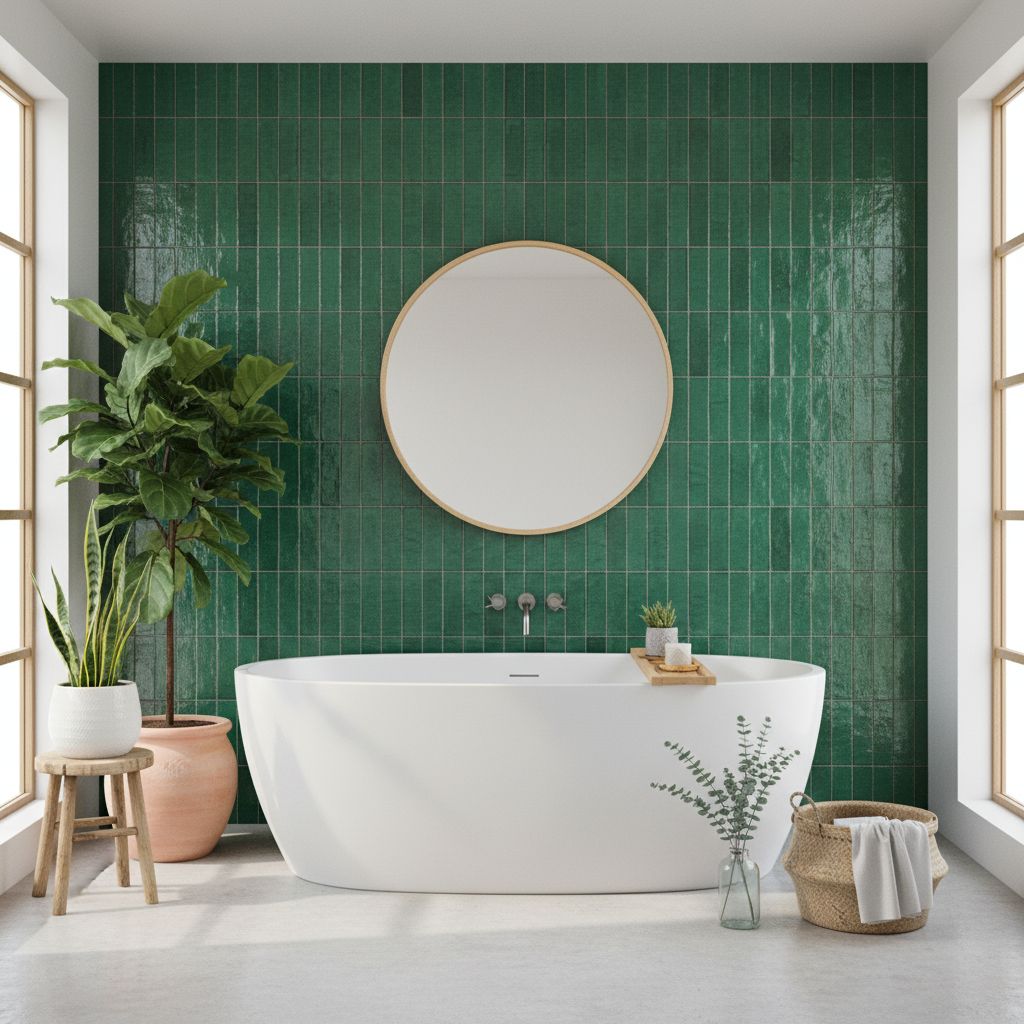 Salle de bain lumineuse et aérée avec un mur d