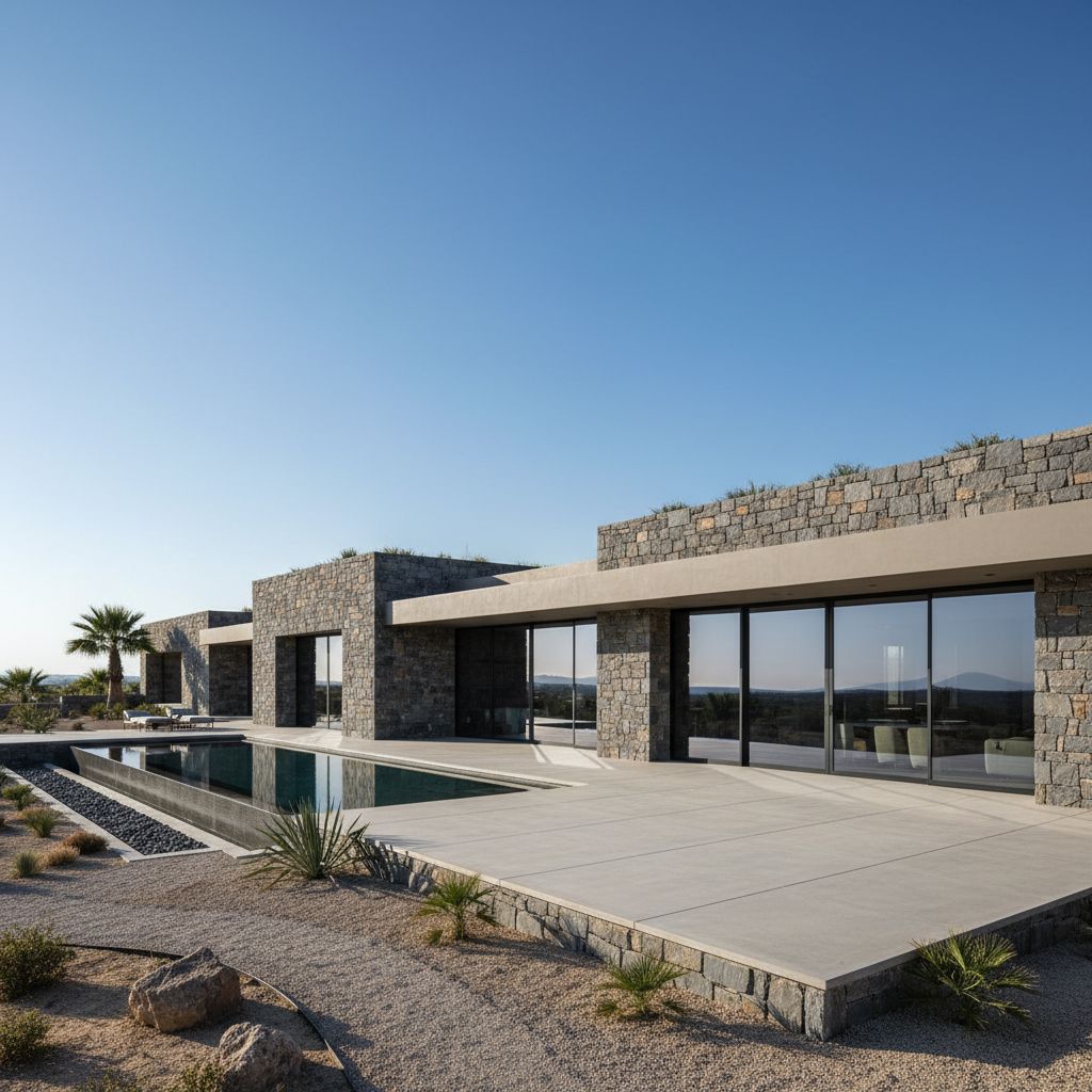 Villa moderne et luxueuse avec une façade spectaculaire en pierre naturelle massive, sous un ciel bleu clair.