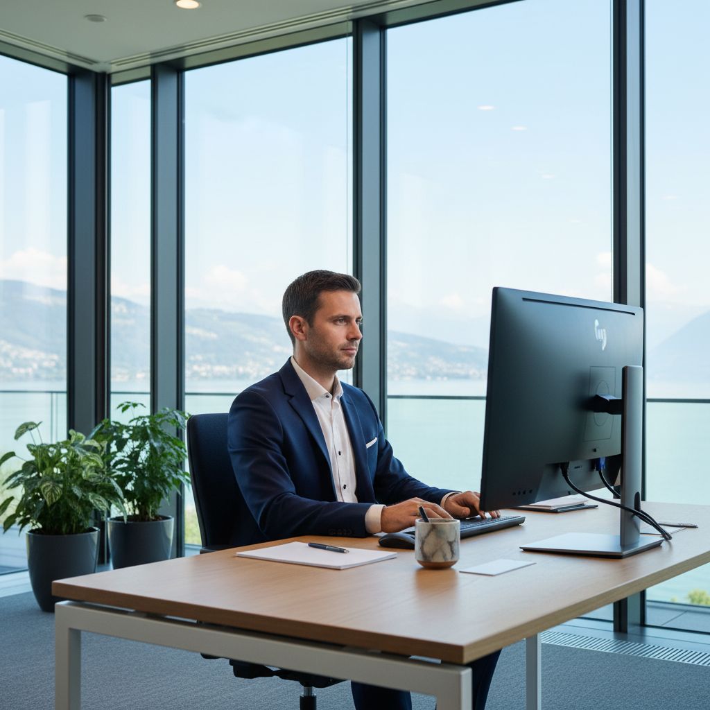 Professionnel dans un bureau moderne à Lausanne, l'air concentré mais serein, illustrant la possibilité de s'améliorer au travail.