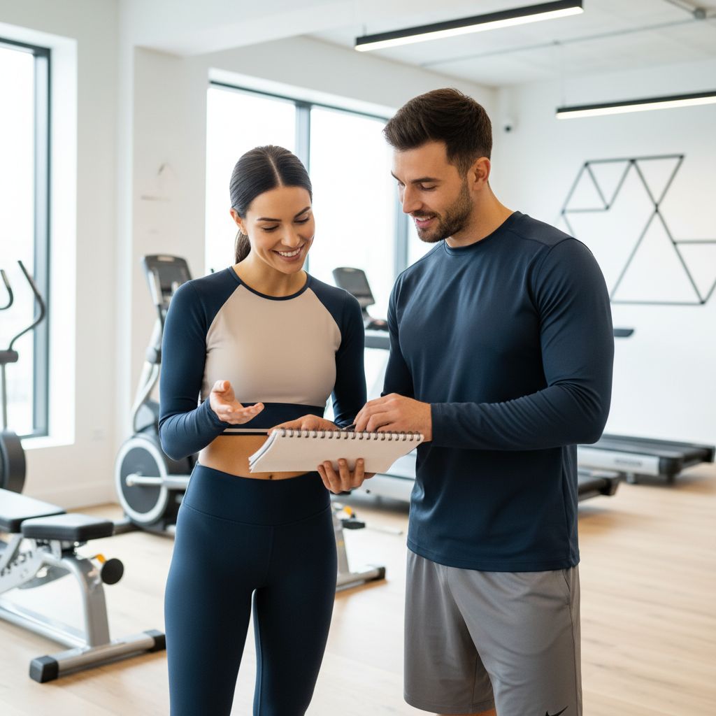 Une femme souriante discute avec un coach sportif dans une salle de sport lumineuse, tous deux examinant un carnet de notes.