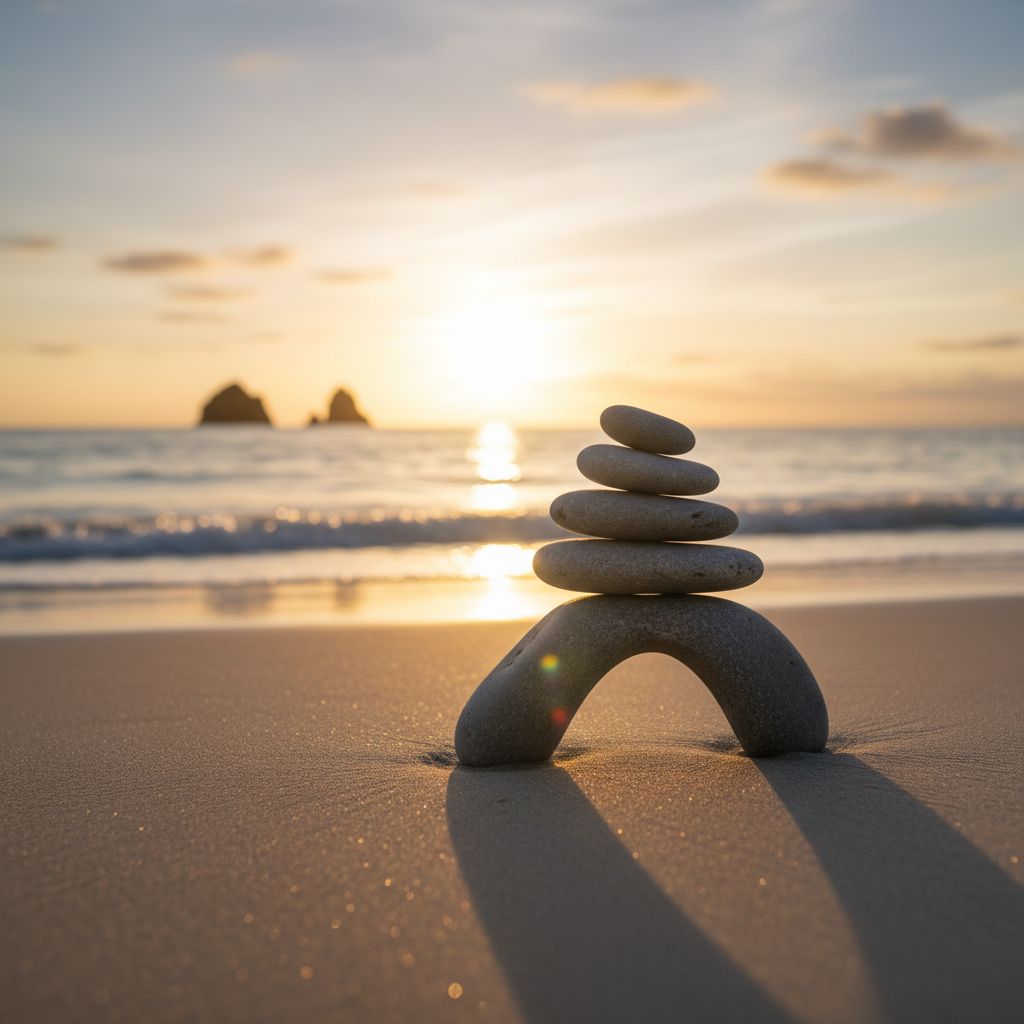 Une pile de galets zen en équilibre sur une plage au lever du soleil, évoquant l'harmonie, l'équilibre et l'approche holistique des soins.