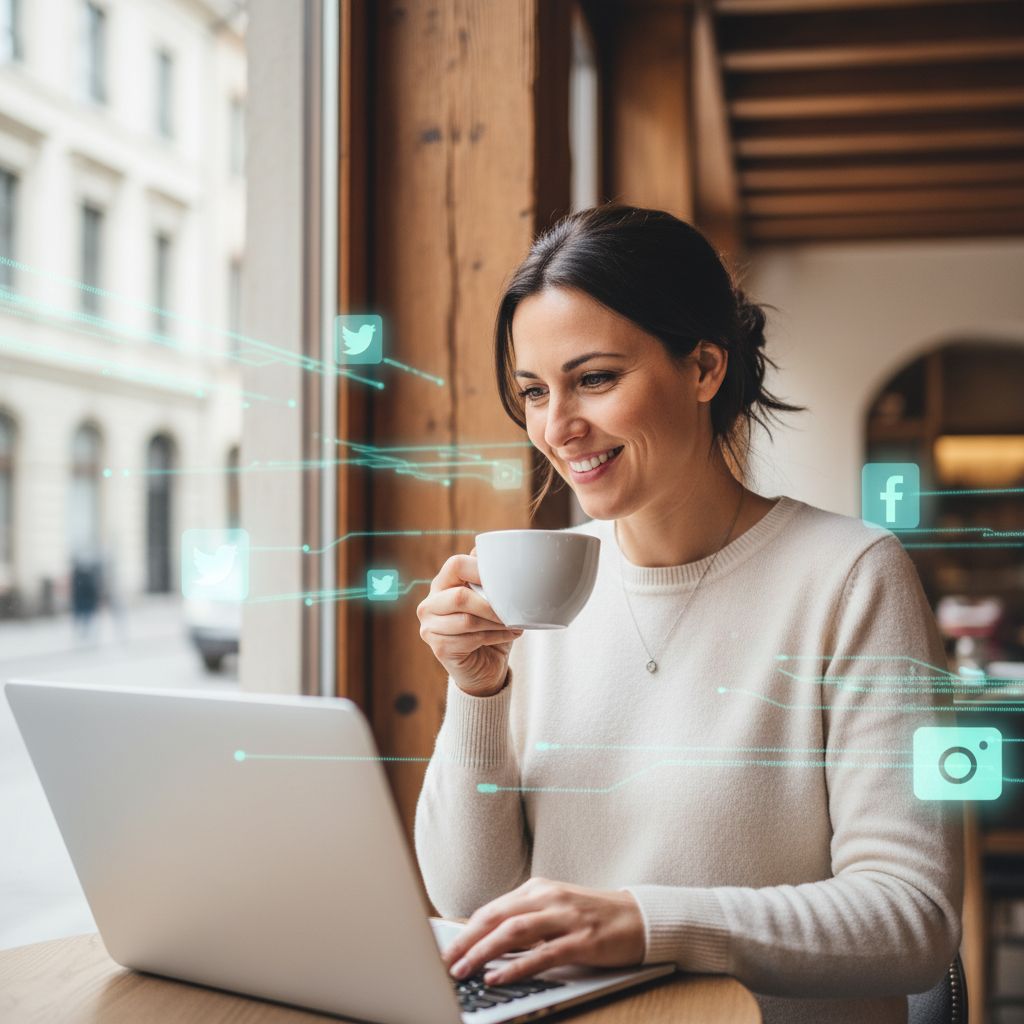Un entrepreneur suisse, l'air détendu et souriant, bossant sur son laptop dans un café sympa à Genève. En fond, on imagine des flux de données et des icônes de réseaux sociaux qui flottent, un peu comme une illustration de l'automatisation qui tourne sans effort.