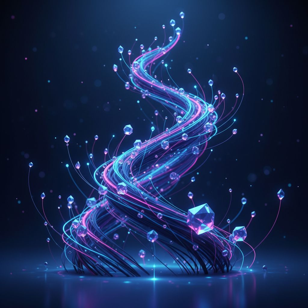 Une image abstraite et stylée avec des nœuds de réseau lumineux qui s'entrecroisent, dans des tons bleus et violets, pour représenter l'idée d'IA et de flux de données complexes.