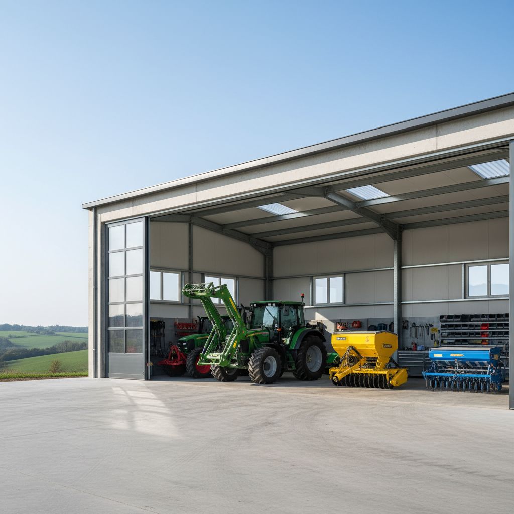 Un hangar agricole moderne et bien rangé avec divers équipements, avec en arrière-plan un paysage vallonné typique de l