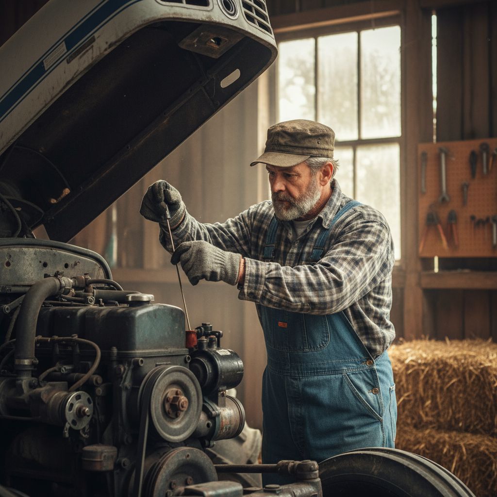 Un agriculteur en tenue de travail inspecte de près le moteur d