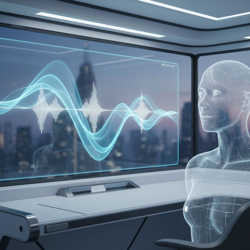 A futuristic image showing digital soundwaves and an AI-generated human-like avatar on a screen, representing synthetic media.