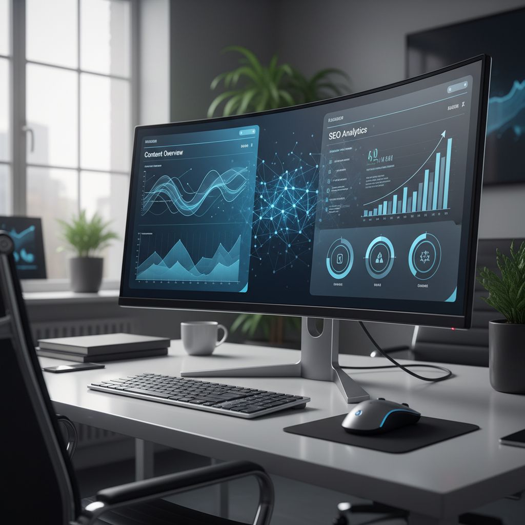 A sleek dashboard showing content and SEO stats side-by-side, representing a single, integrated platform.