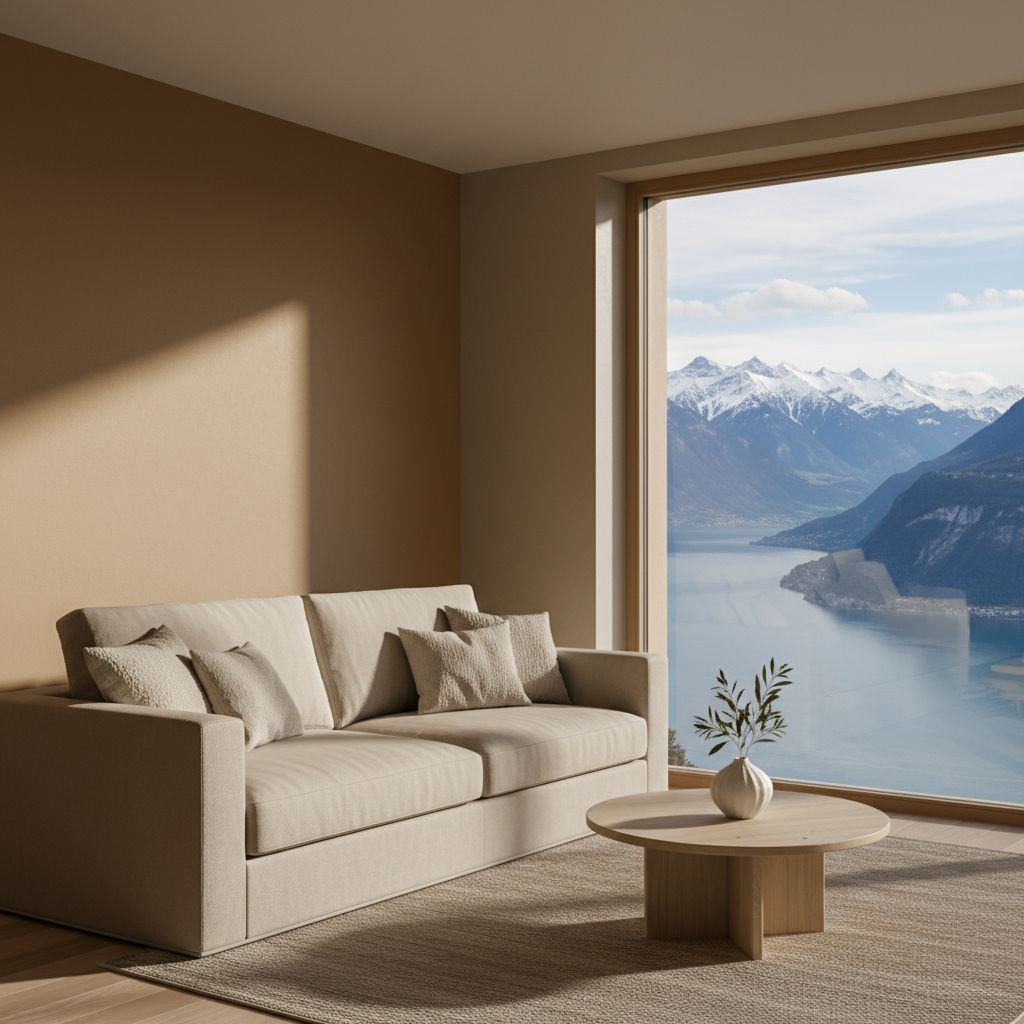 Un salon élégant et sobre en Suisse Romande, avec des murs aux tons terreux, un canapé en lin beige, et une grande fenêtre offrant une vue sur un lac et des montagnes.