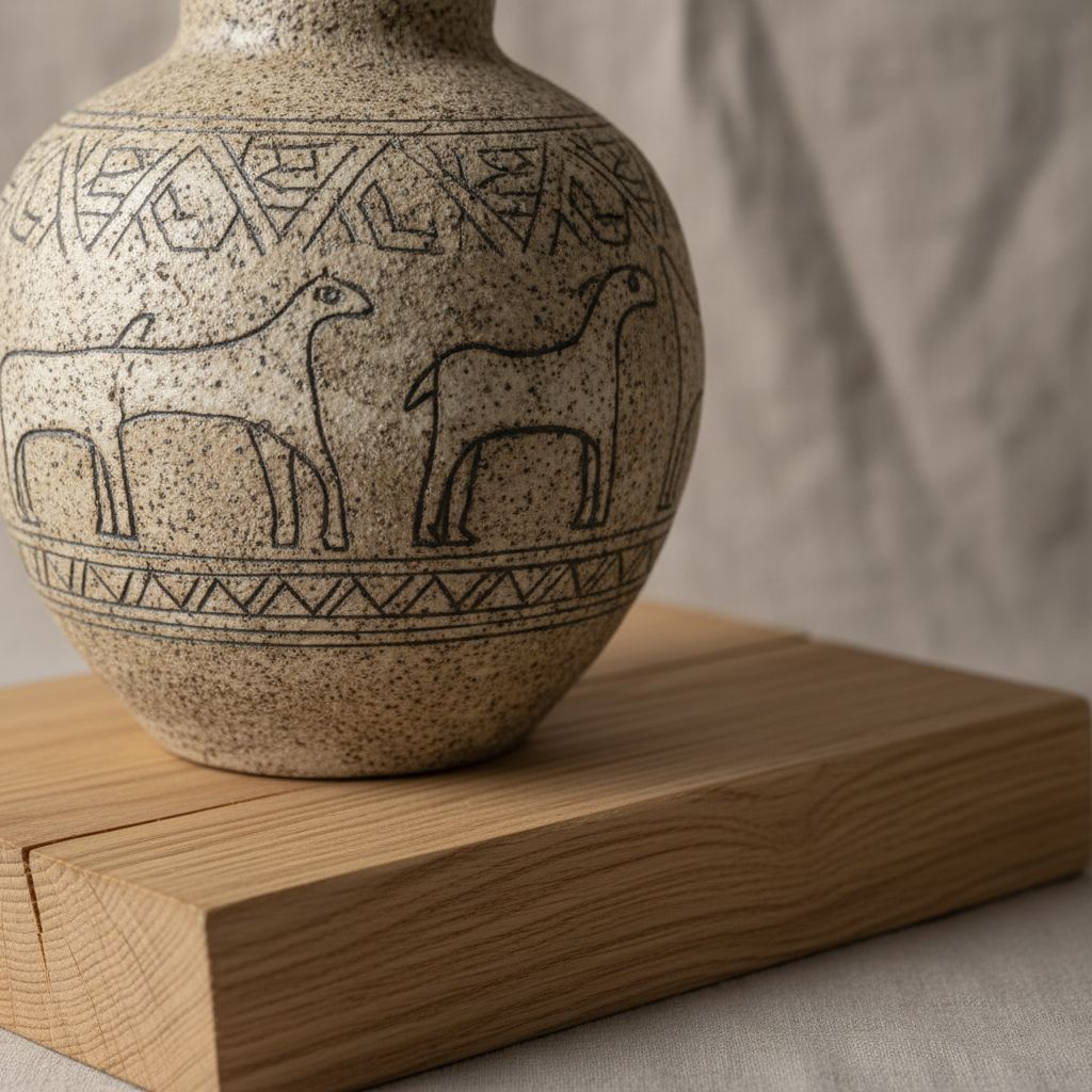 Un gros plan sur un objet de décoration fait main en Suisse, comme un vase en céramique texturée ou un bol en bois sculpté, posé sur une surface en bois brut.